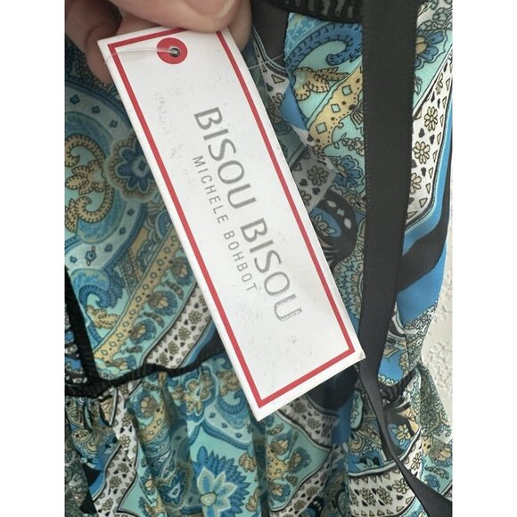 NWT BISOU BISOU Michele Bohbot Teal Scarf Tile Print Black Trim Maxi Dress 14 - Picture 4 of 15
